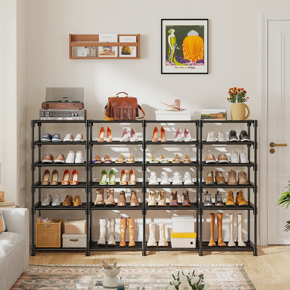Shoe Rack 4-Row Metal Organizer with 6-Tier 55-Pair or 9-Tier 64-Pair Black Configurations