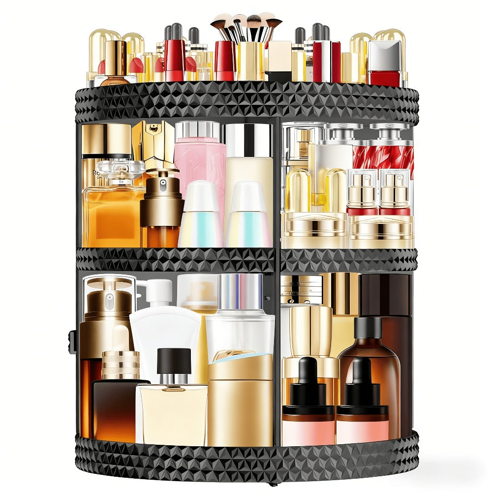 Rotating Makeup Organizer with Seven Adjustable Shelf Heights in White, Blue or Gray Checkout Options