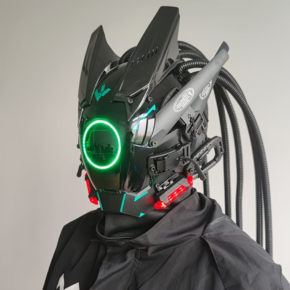 LED Braided Cyberpunk Costume Helmet with Circular Face Light and Blue, Green or Pink Accent Styles