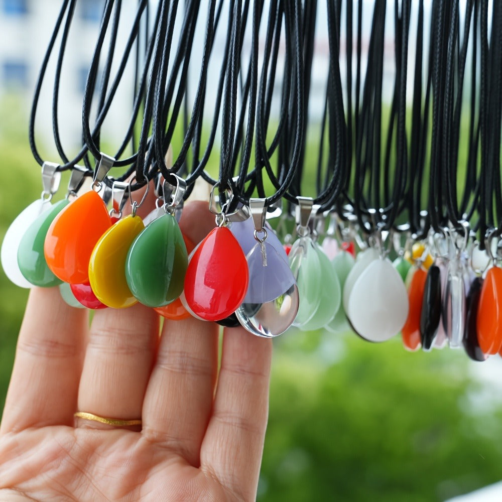 Forty-Piece Multicolor Teardrop Pendant Necklace Set with 20 Faux Crystal Charms and 20 Black Cords