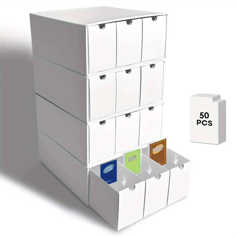 Twelve-Drawer Trading Card Storage Organizer with Divider Inserts and White or Black Four-Box Sets