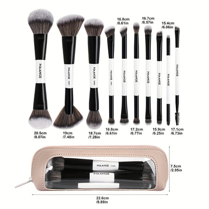 Double-Ended Makeup Brush Set 10PCS with Cosmetic Bag – Soft Nylon Bristles Dual-Ended Blush Eyeshadow Face Brushes Professional Kit for Beginners & Pros Women