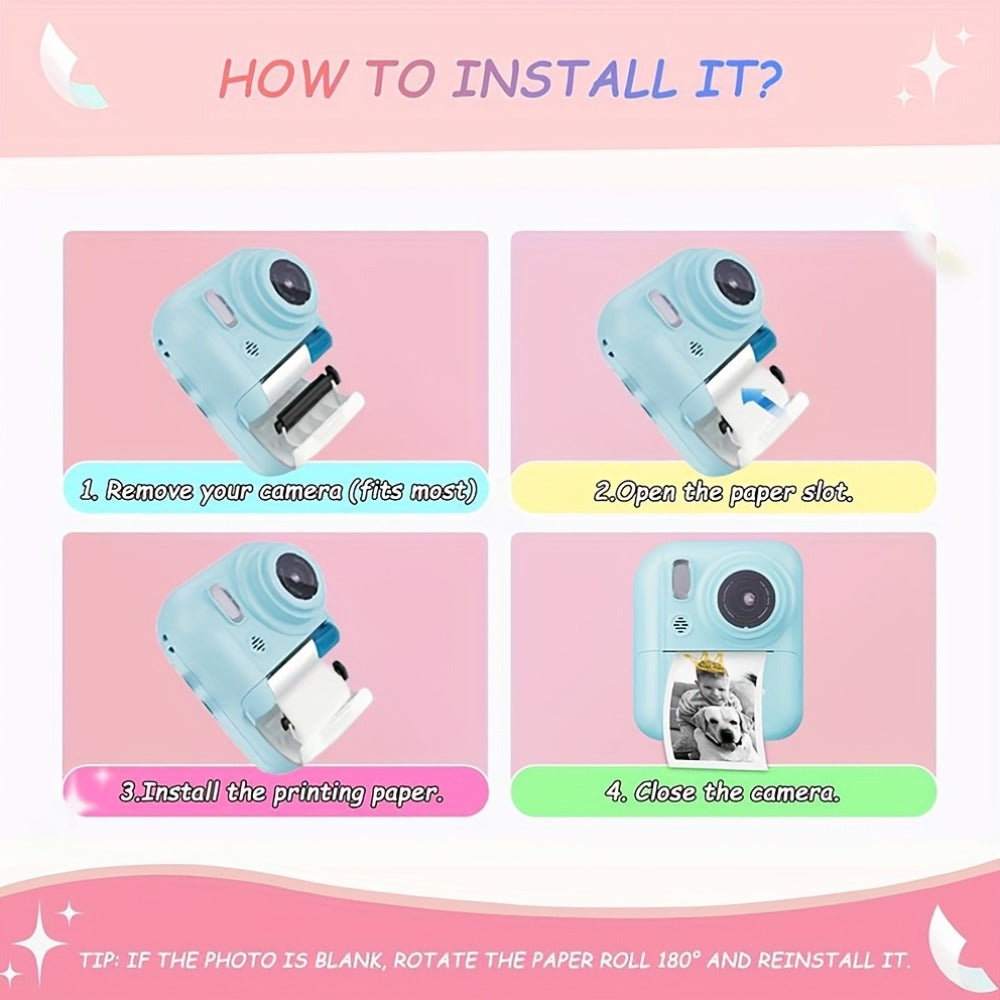 Kids Instant Print Digital Camera 1080P with 2.4" Screen, 3 Rolls Print Paper & 32GB Card – Cute Photo Camera Gift for Girls & Boys Ages 3-12, Pink / Blue