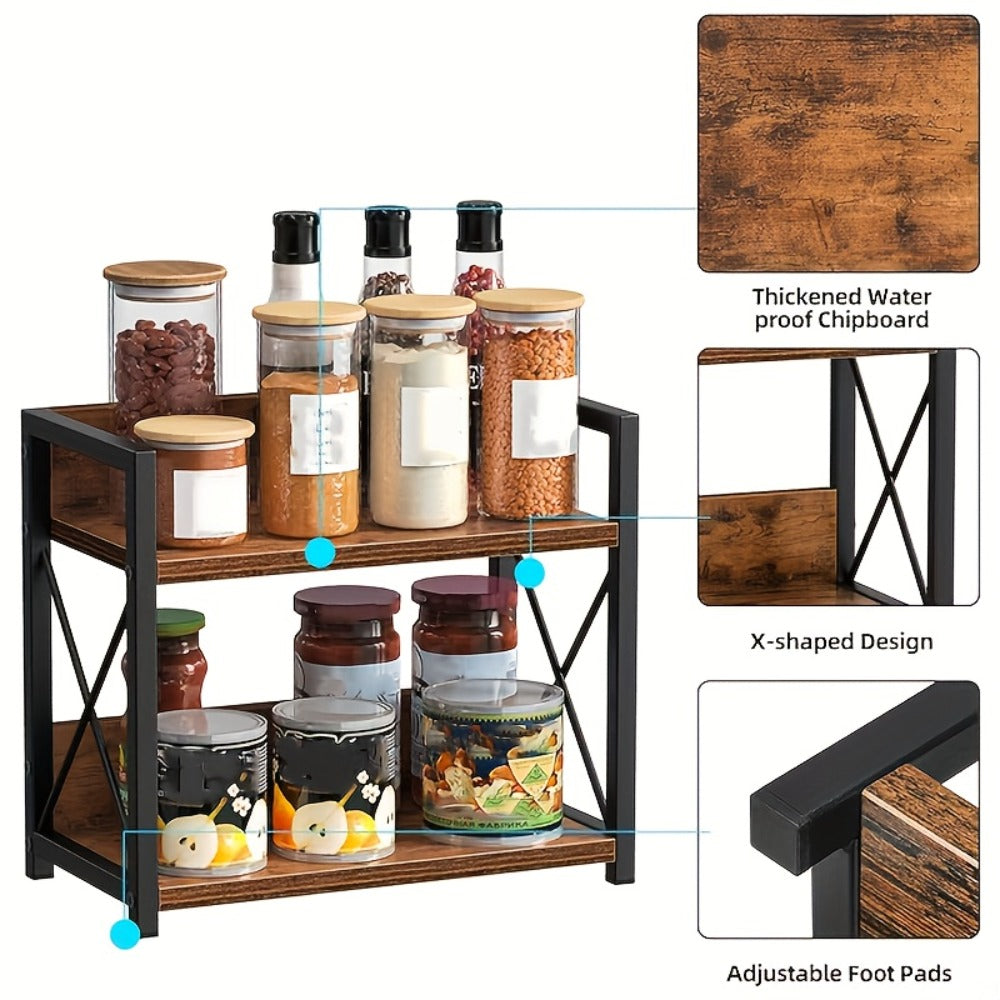 Two-Shelf Countertop Spice Rack with Wood-Look Panels, Black X-Braced Frame and Yellow Checkout