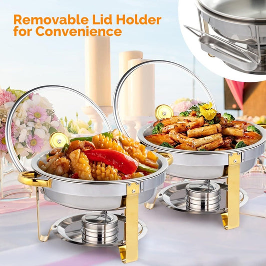 Stainless Steel Chafing Dish Set Buffet Warmer with Food Trays Water Trays Fuel Holders Mirror Finish Gold Handles Commercial Catering Buffet Server