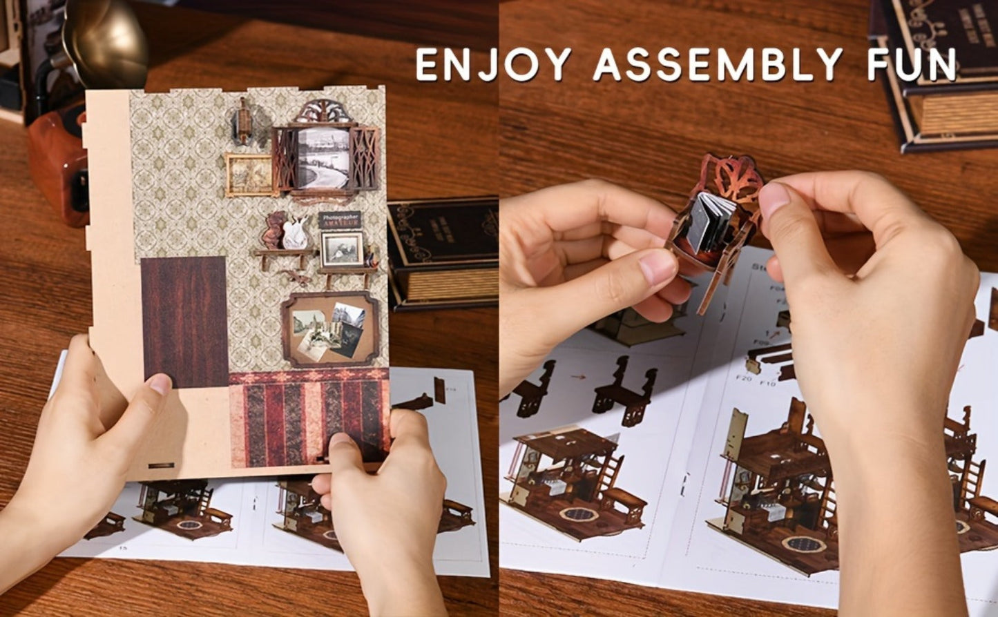 Film Darkroom Book Nook Kit with 405-Piece Vintage Photography Scene and Multiple Warm Lighting Points