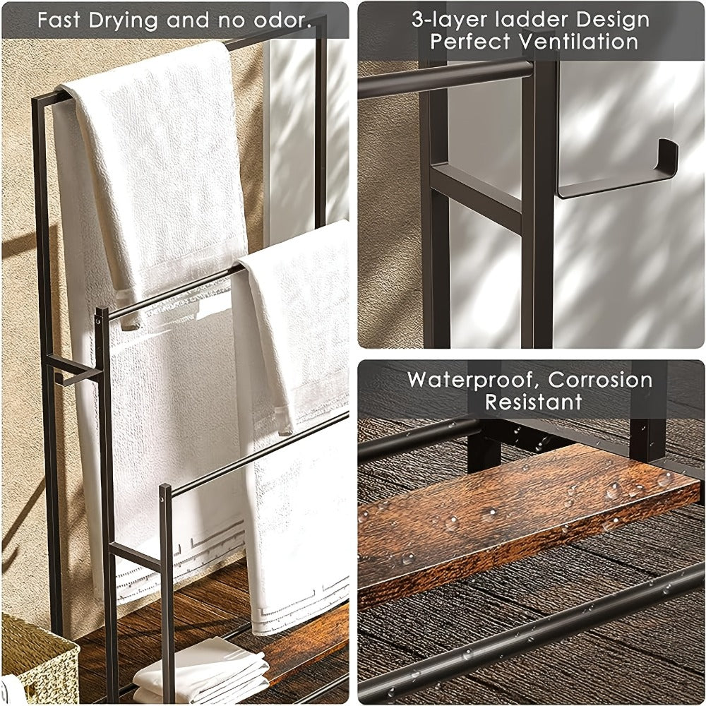 Three-Tier Freestanding Towel Rack in Small or 47-Inch Black Floor-Standing Configurations