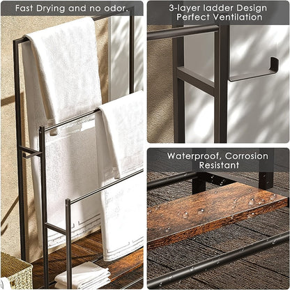 Three-Tier Freestanding Towel Rack in Small or 47-Inch Black Floor-Standing Configurations