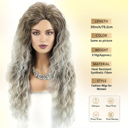 Synthetic Wig 30-Inch Long Curly Waves with Dark Roots, Middle Part and Three Ombre Colors