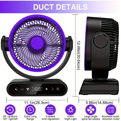Camping Fan with LED Light Battery Powered 20000mAh 40000mAh 9-Inch 5-Speed Remote Control 90° Tilt 120° Oscillating Quiet Air Circulator for Outdoor Home
