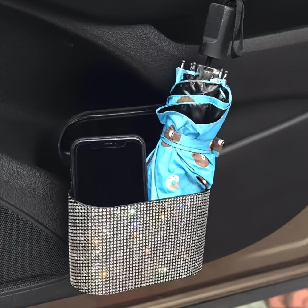 Car Trash Can with Lid & Rhinestone Bling – Hanging Leakproof Auto Garbage Bin with 2 Trash Bags, Concealed Interior Storage for Vehicle Door, Seat Back, Home & Office (3pcs Set)
