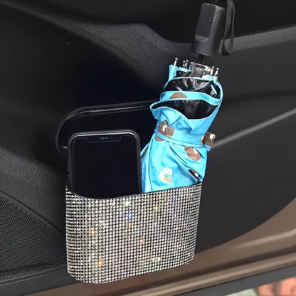 Car Trash Can with Lid & Rhinestone Bling – Hanging Leakproof Auto Garbage Bin with 2 Trash Bags, Concealed Interior Storage for Vehicle Door, Seat Back, Home & Office (3pcs Set)