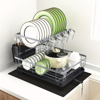Dish Drying Rack Kitchen Organizer with Two Tiers, Drain Board, Utensil Cup and Three Color Options