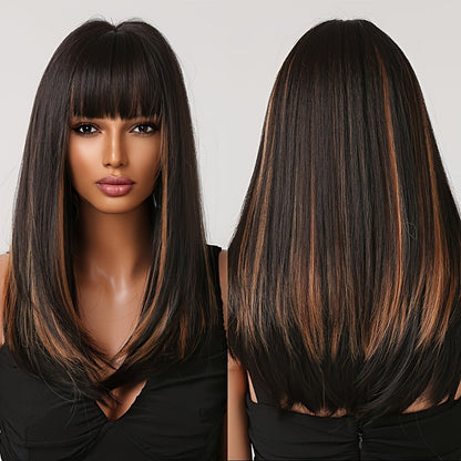Synthetic Wig 24-Inch Dark Brown Straight Headband Style with Bangs and No-Lace Glueless Cap