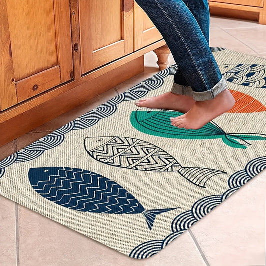 Washable Fish Pattern Door Mat Flannel Non-Slip Rug for Front Door Bedroom Farmhouse Laundry Room