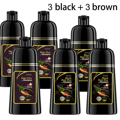 Hair Dye Shampoo 3-in-1 Color Conditioner Cooling Formula 6pcs Set — Black & Brown Gradual Gray Coverage, Unisex Long Hair Color Shampoo Gift