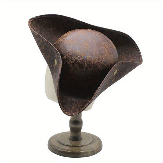 Pirate Tricorn Hat Faux Leather Wide Brim – Vintage Distressed Pirate Hat for Men Women, Halloween Costume, Cosplay, Renaissance Fair & Themed Party Accessory, Black & Brown
