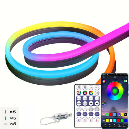 RGBIC LED Strip Lights Music Sync App & Remote Control - IP65 Waterproof Cuttable Flexible Neon Rope Light Color Chasing for Bedroom Gaming Room TV Backlight Outdoor Courtyard Christmas Halloween Decoration 2m 3m 5m