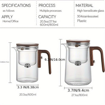 Twenty-Seven-Ounce Glass Teapot with Infuser, Wooden Handle and One-Button Tea Separation Design