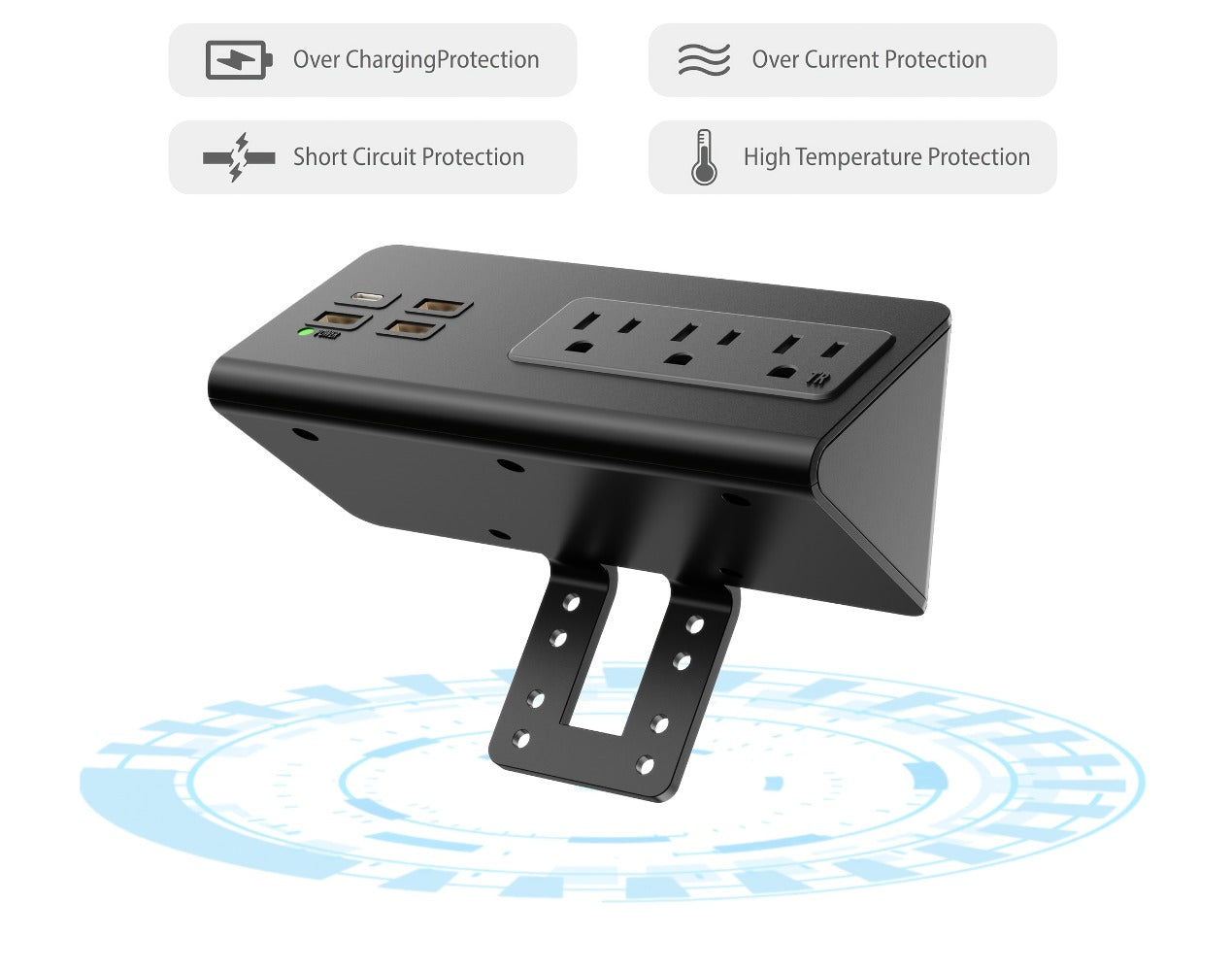 Power Strip Desk-Edge 7-in-1 with Clamp or Screw Mount, PD 20W USB-C, 5.6-Foot Cord and Power Indicator
