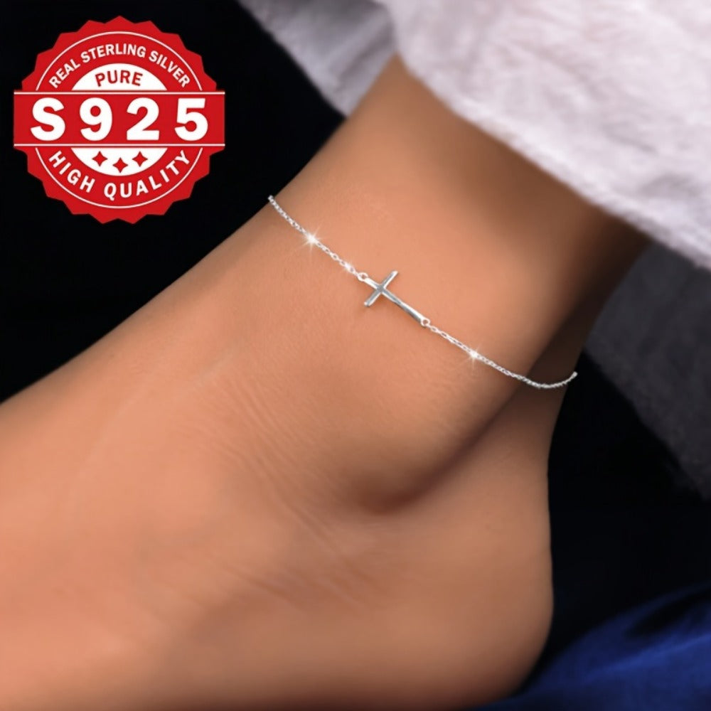 Anklet for Women - 925 Sterling Silver Cross for Minimalist Hypoallergenic Ankle Bracelet - product detail view 7
