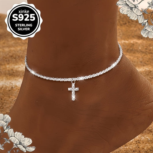 Anklet for Women - S925 Sterling Silver Cross | Dazzling Bohemian Beach Jewelry | Gift for - main product view