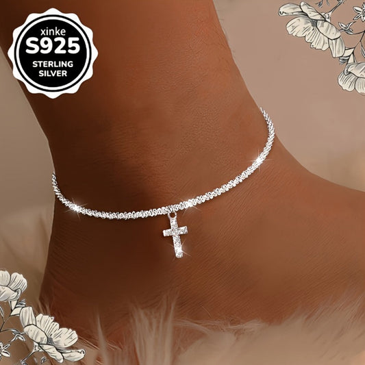 Anklet for Women - S925 Sterling Silver Cross | Dazzling Bohemian Beach Jewelry | Gift for - product detail view 2