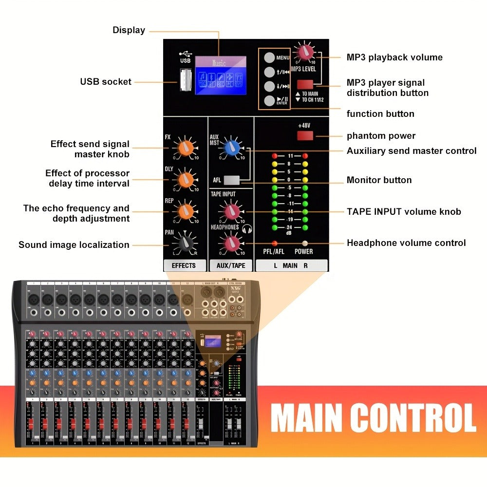 Audio Mixer, USB, Professional, 12-Channel, Controller for Live Sound detail image - detail view 12