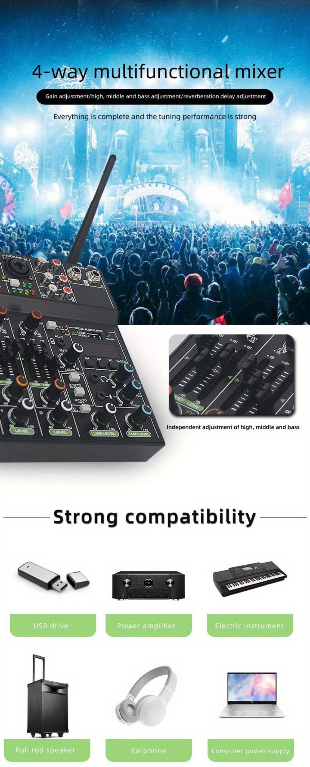 Audio Mixer, Wireless, USB, High-Quality, 4-Channel, UHF for Live Sound detail image - detail view 19