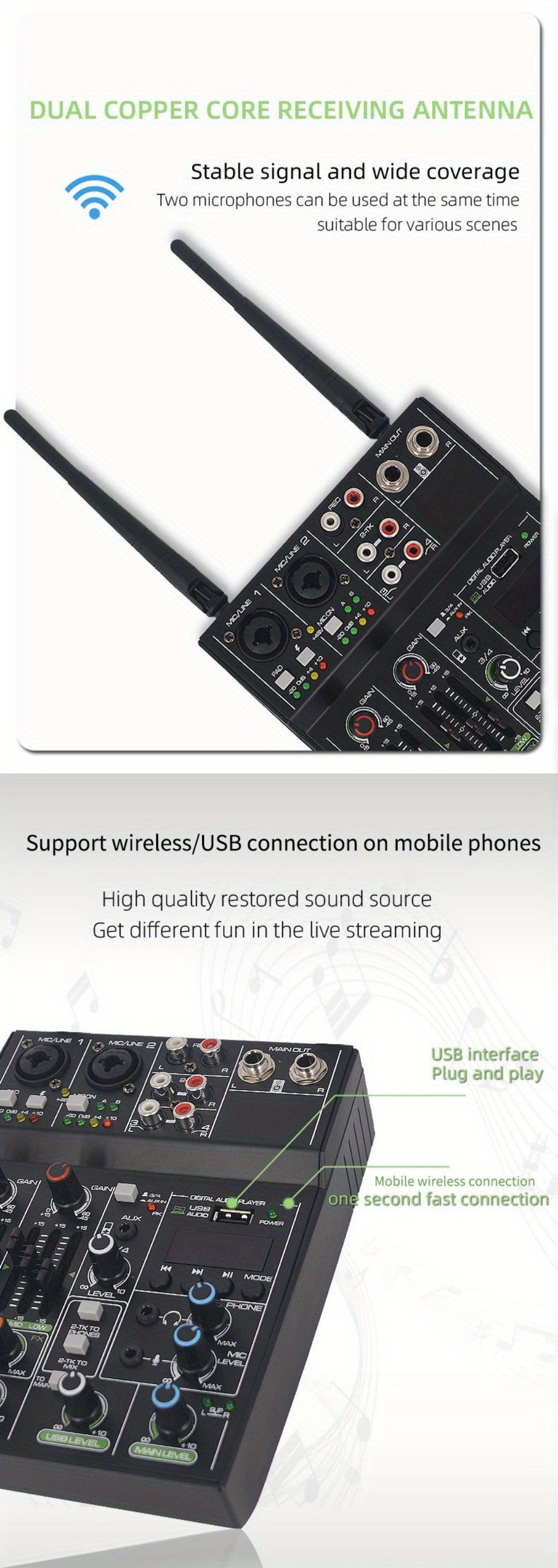 Audio Mixer, Wireless, USB, High-Quality, 4-Channel, UHF for Live Sound detail image - detail view 20