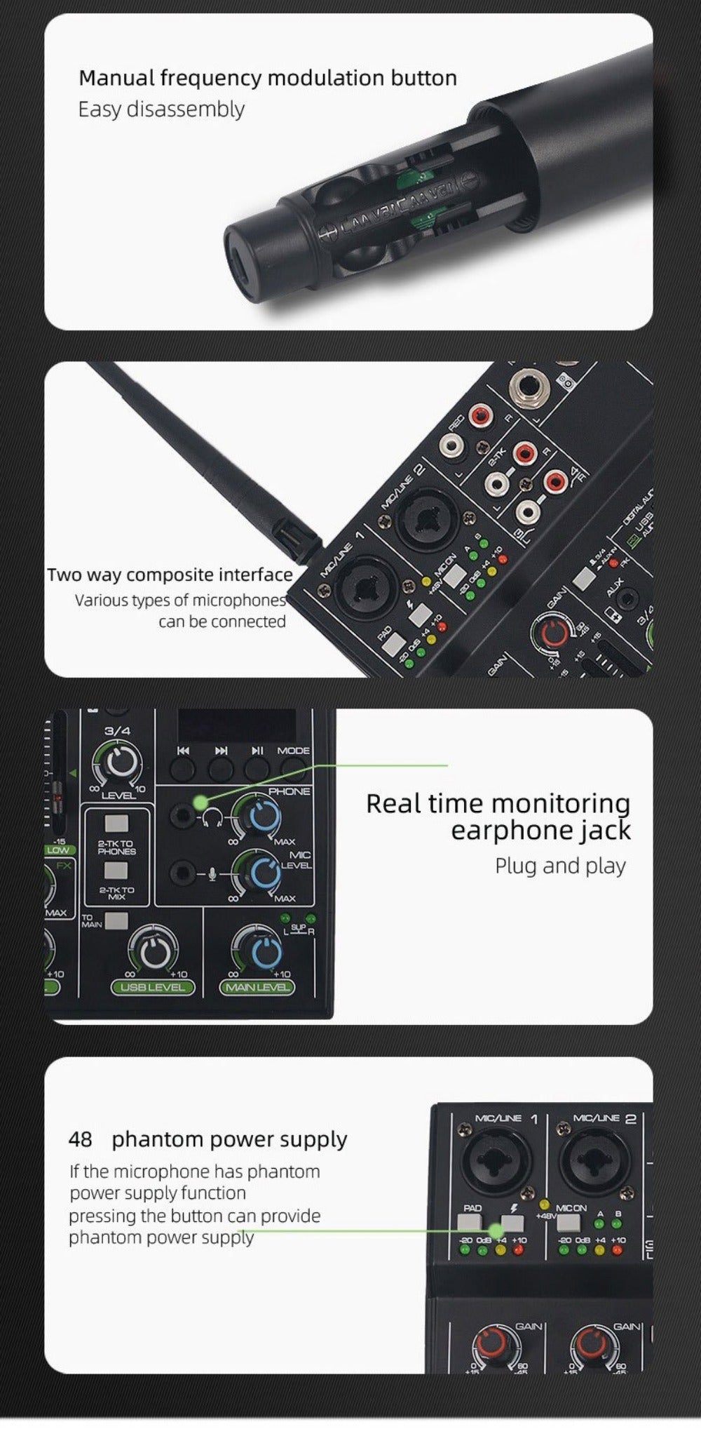 Audio Mixer, Wireless, USB, High-Quality, 4-Channel, UHF for Live Sound detail image - detail view 22
