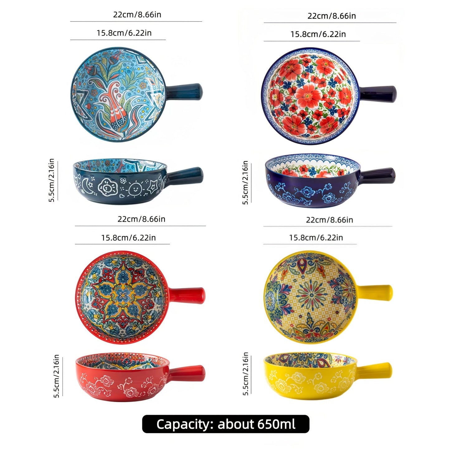 Four-Piece Bohemian-Style Ceramic Bowl Set with Handles in Light Blue, Blue, Red and Yellow
