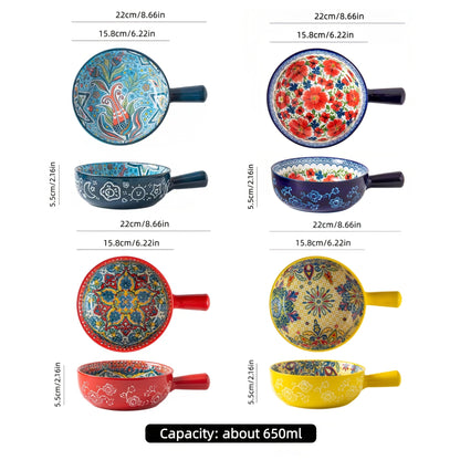 Four-Piece Bohemian-Style Ceramic Bowl Set with Handles in Light Blue, Blue, Red and Yellow