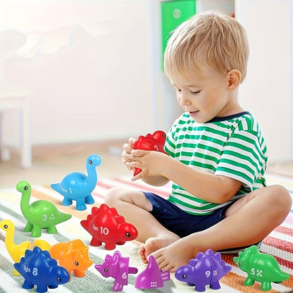 Dinosaur Number Matching Toy for Toddlers — 10 Pairs Retractable Plug-In Counting Sorting Math Game with Storage Bag, Montessori STEM Learning Gift for Boys Girls Ages 1-3, Birthday Easter Christmas