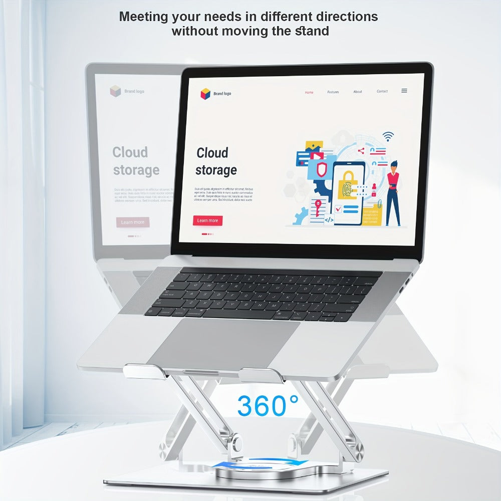 Rotating Laptop Stand with 360-Degree Swivel Base, Foldable Metal Riser in Silver or Black