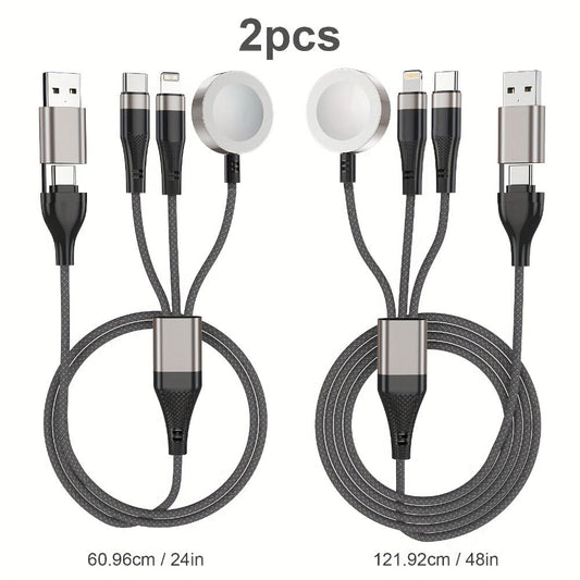Multi Charging Cable 3-in-2 Fast Charging Set of 2, Compatible with Apple Watch Ultra Series 10 9 8 7 6 SE iPhone 16 15 14 13 12 Samsung Galaxy, USB-C & USB-A, 2FT + 4FT Portable Cord Combo