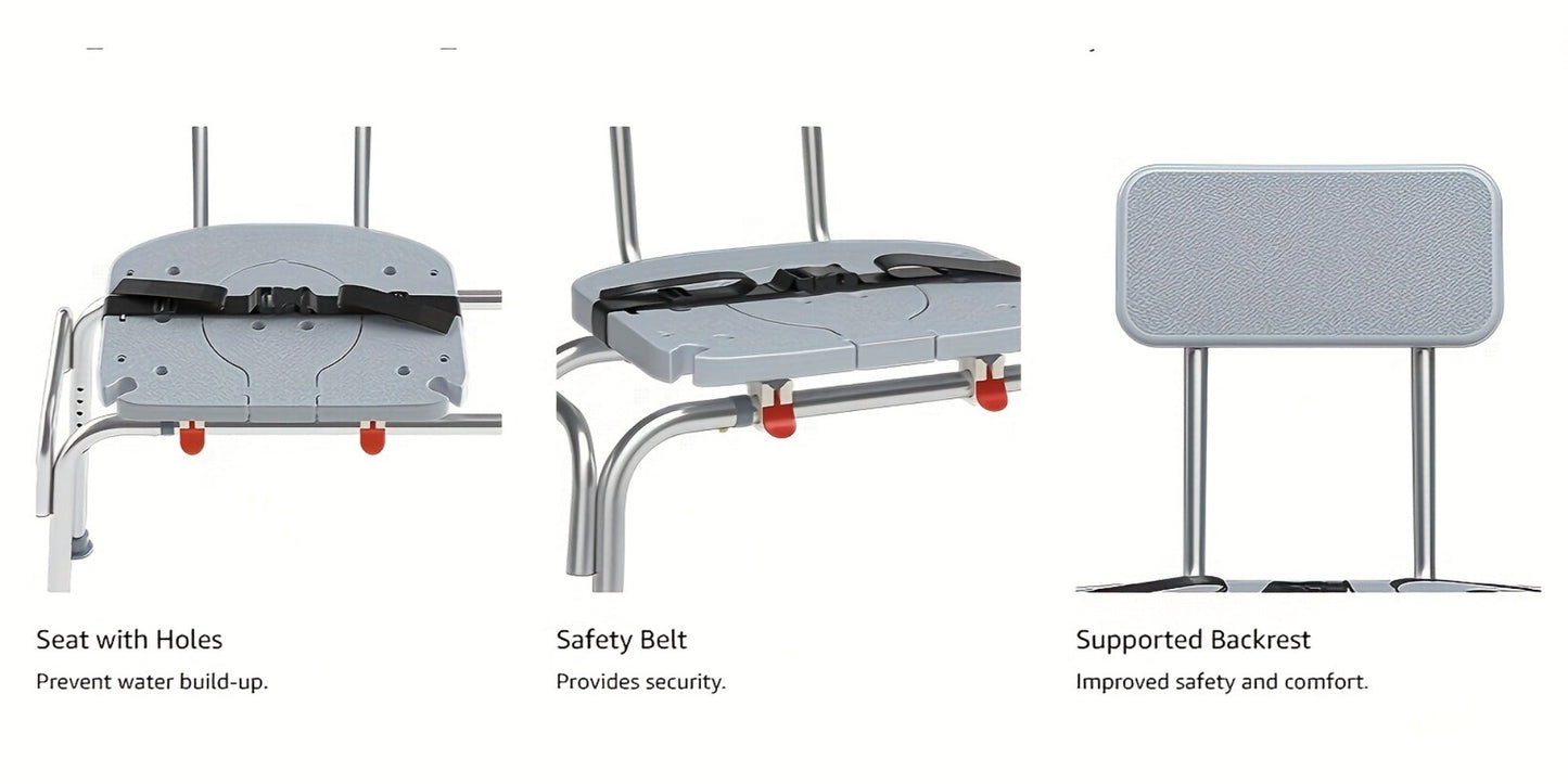 Sliding Bathtub Transfer Bench with Reversible Grey Seat, Safety Rail, Backrest and Adjustable Legs
