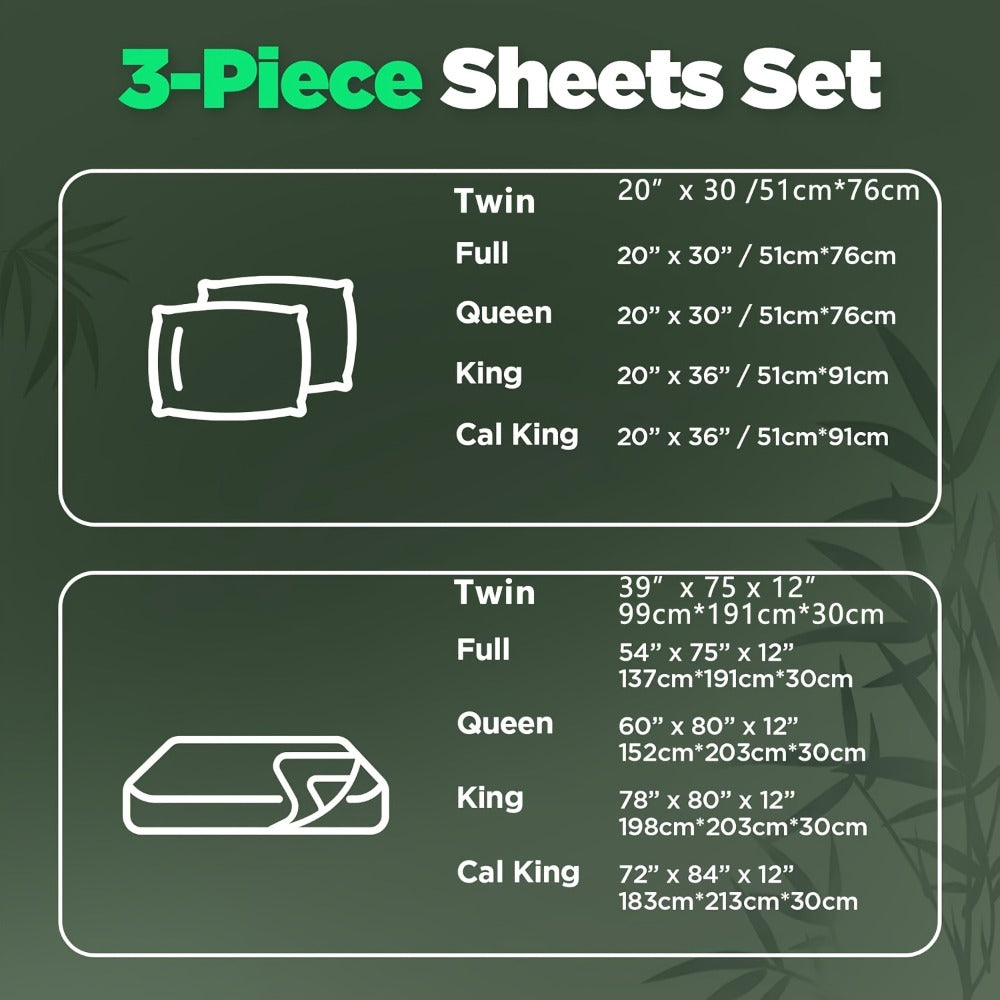 Three-Piece Bamboo Fiber Fitted Sheet Set with Pillowcases in Eight Size and Color Options for Bedrooms