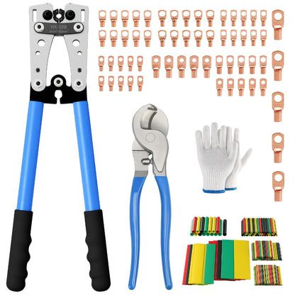 Battery Cable Lug Crimping Tool Set AWG 8-1/0 Heavy-Duty Ratchet Crimper with Copper Wire Lugs, Heat Shrink Tubing, Cable Cutter & Work Gloves for Automotive Marine Electrical Wiring