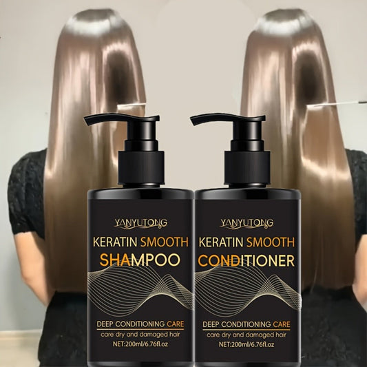 Professional Keratin Smoothing Shampoo and Conditioner Set 6.76oz Each – Repairs Color-Treated & Heat-Damaged Hair, Prevents Breakage Split Ends & Frizz, Deep Moisturizing for All Hair Types (2PCS)