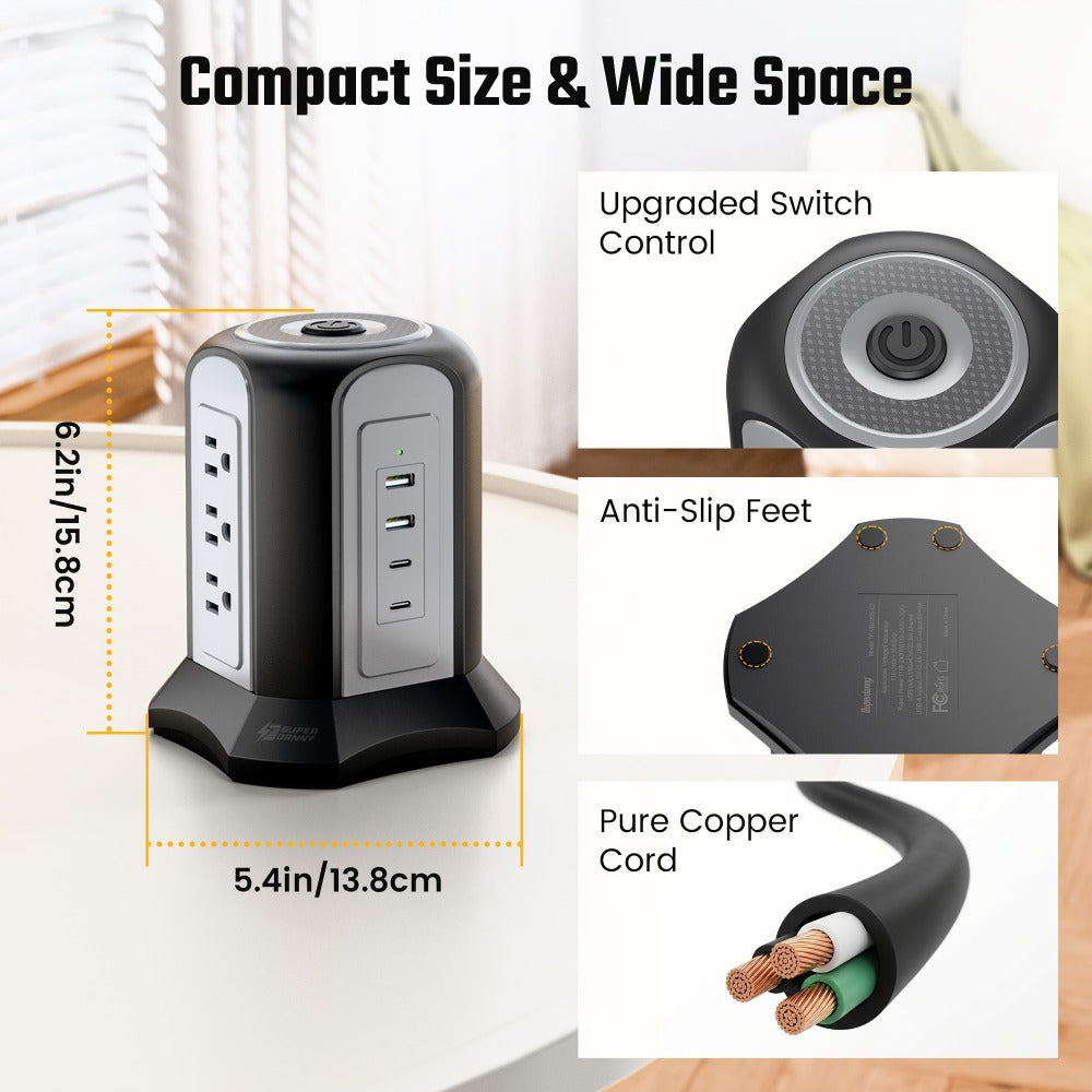 Surge-Protected Power Tower 13-in-1 with Wireless Charger, 9 AC Outlets & 4 USB Ports (2 USB-C PD18W), 1080J Surge Protector, 8ft Extension Cord – Multi-Color for Home Office Dorm