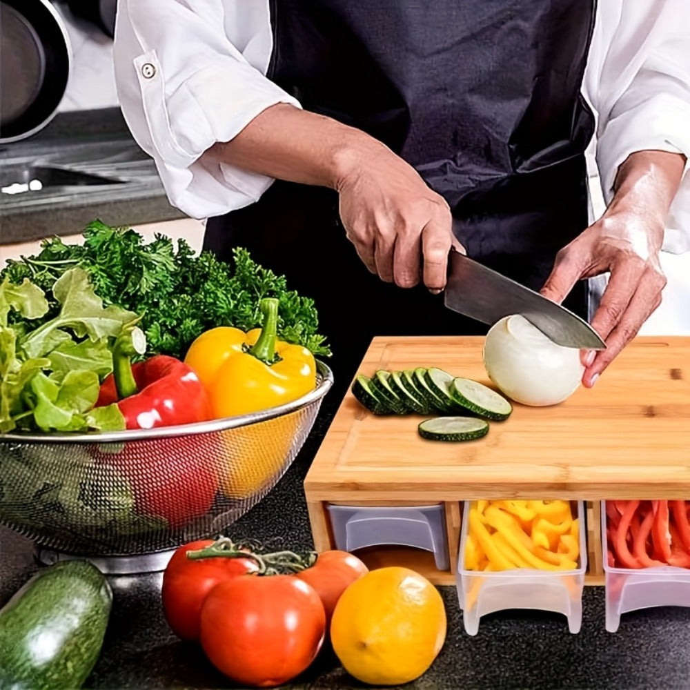 Cutting Board Bamboo Prep Station with Pull-Out Containers, Five Grater Inserts and Juice Channel