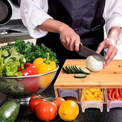 Cutting Board Bamboo Prep Station with Pull-Out Containers, Five Grater Inserts and Juice Channel