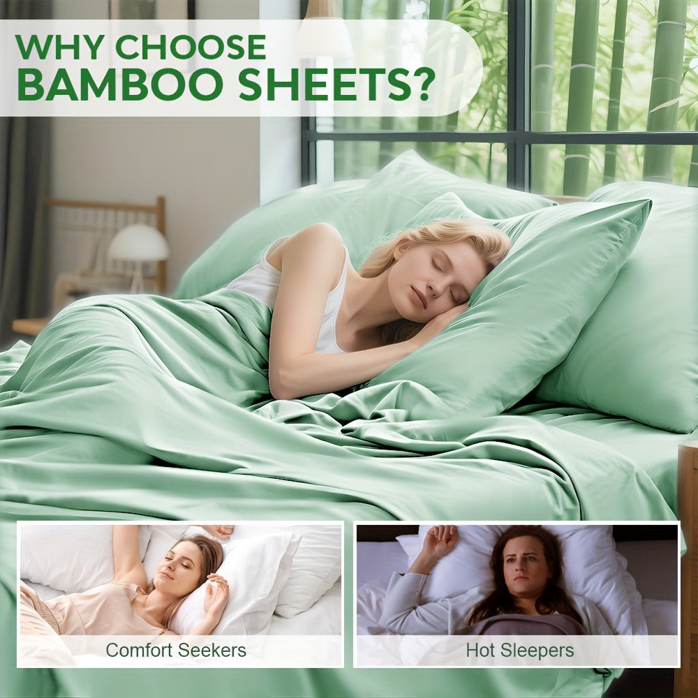 Bamboo Blend Bed Sheet Set 6pcs – Flat Sheet, Fitted Sheet & 4 Pillowcases, Ultra Soft Lyocell Viscose Breathable Bedding for Hot Sleepers, Deep Pocket Twin Full Queen King, 11 Colors