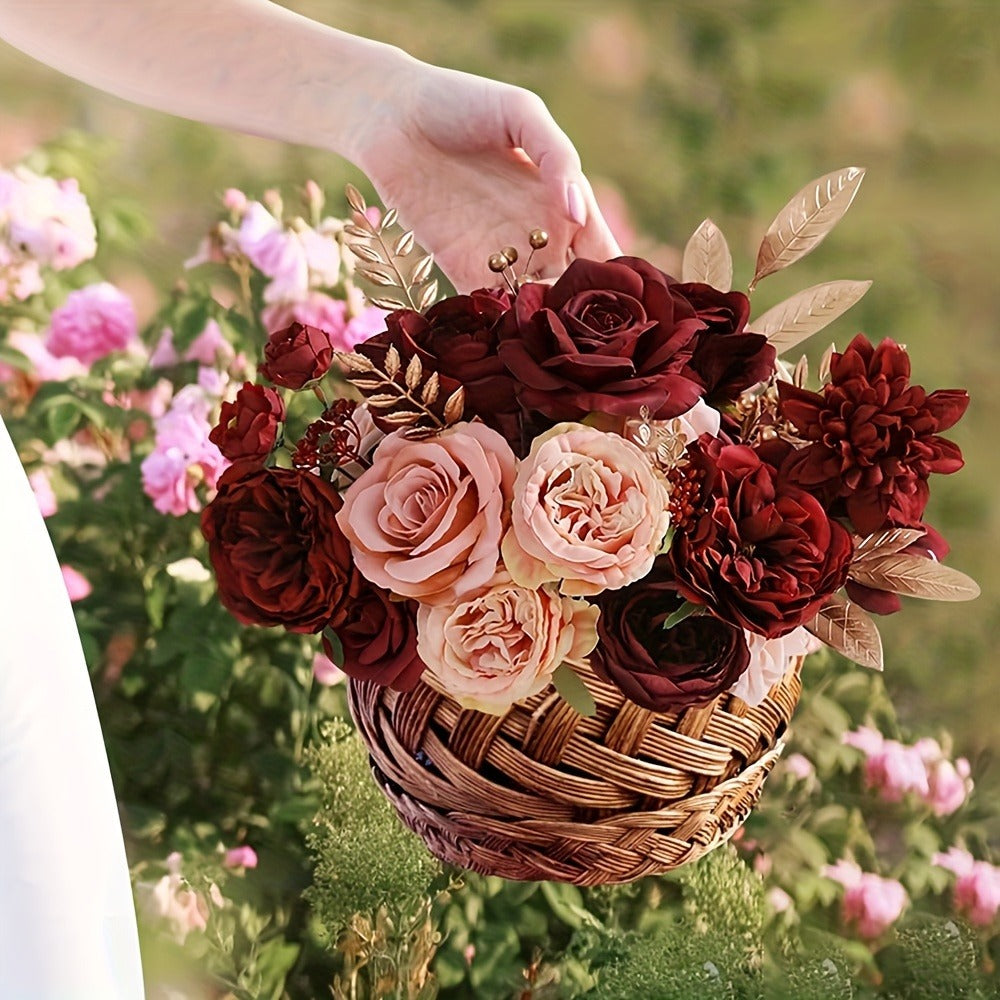 Artificial Flowers 12-Piece Wine Red Plastic Rose Bouquet for Wedding, Halloween and Tabletop Decor