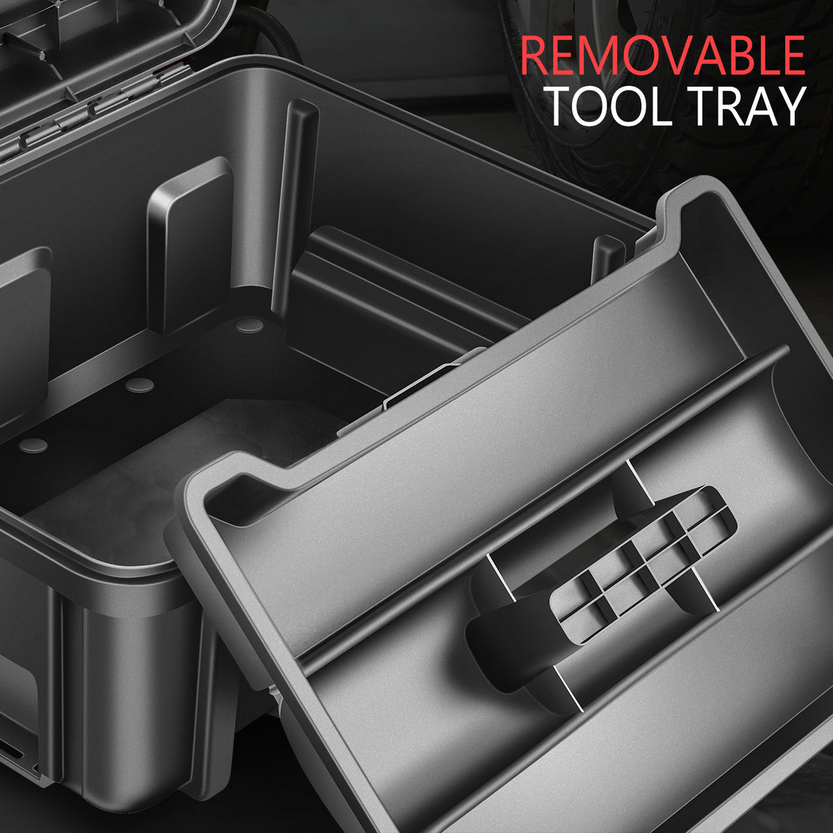 Tool Box Set 2-Piece Lockable - Large Capacity Portable Toolbox Organizer with Removable Tray, Double Lock Buckle, Hard Plastic, 17" x 13" x 18.5" - For Workshop, Garage, Car Trunk & Household Storage