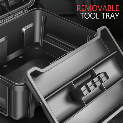 Tool Box Set 2-Piece Lockable - Large Capacity Portable Toolbox Organizer with Removable Tray, Double Lock Buckle, Hard Plastic, 17" x 13" x 18.5" - For Workshop, Garage, Car Trunk & Household Storage
