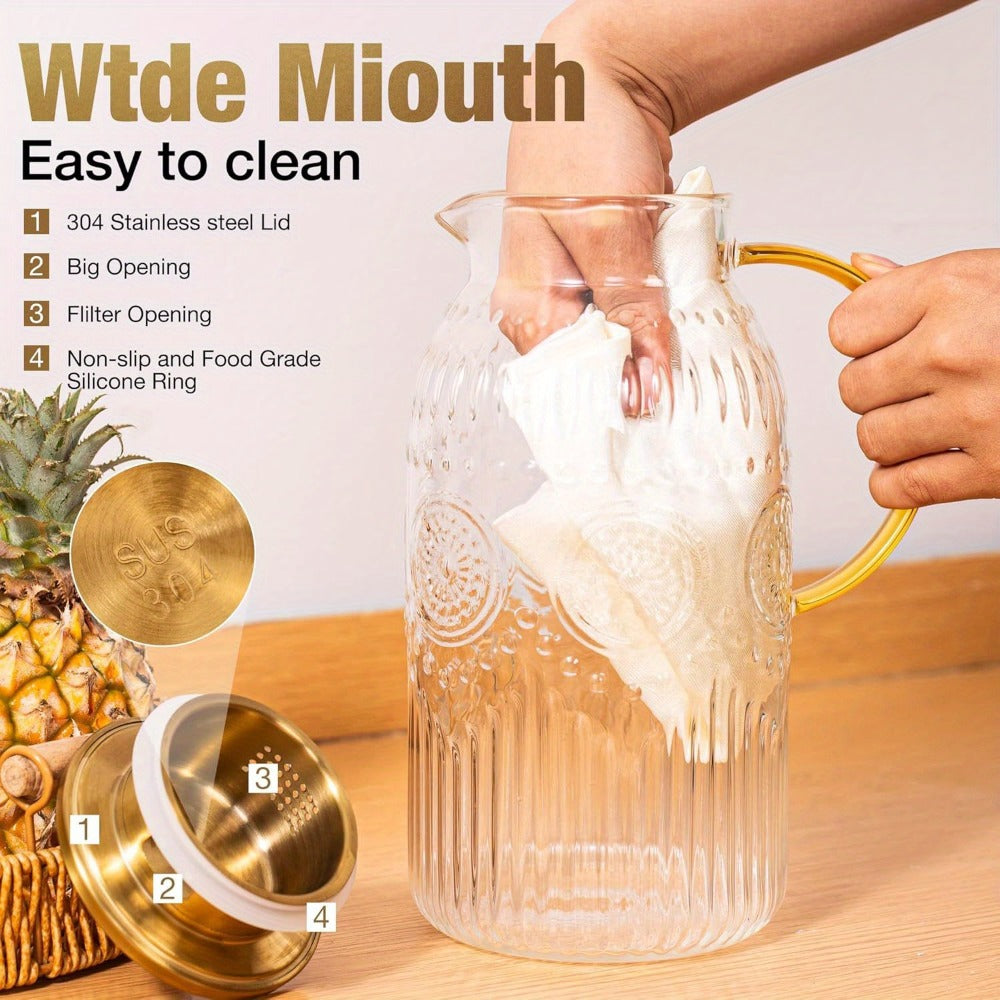 Embossed 68-Ounce Glass Pitcher with Golden-Tone Handle and Lid in One- or Two-Piece Packs