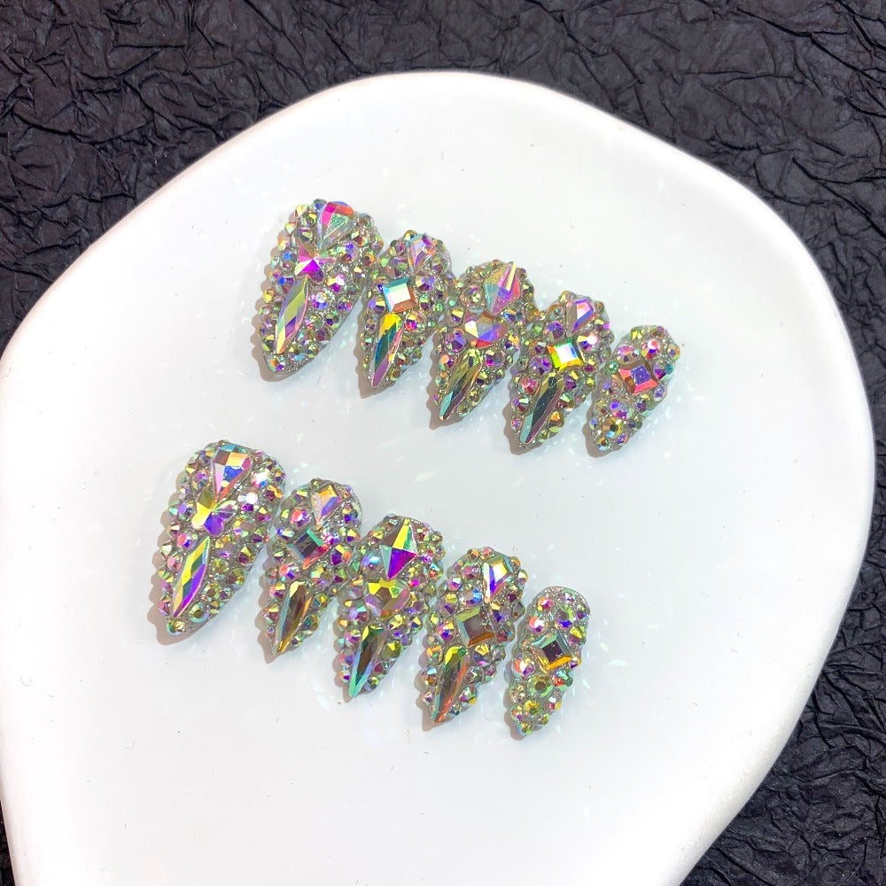 Press On Nails 10-Piece Medium Almond Glitter Color-Block Set with AB Crystal Rhinestones and Tool Kit