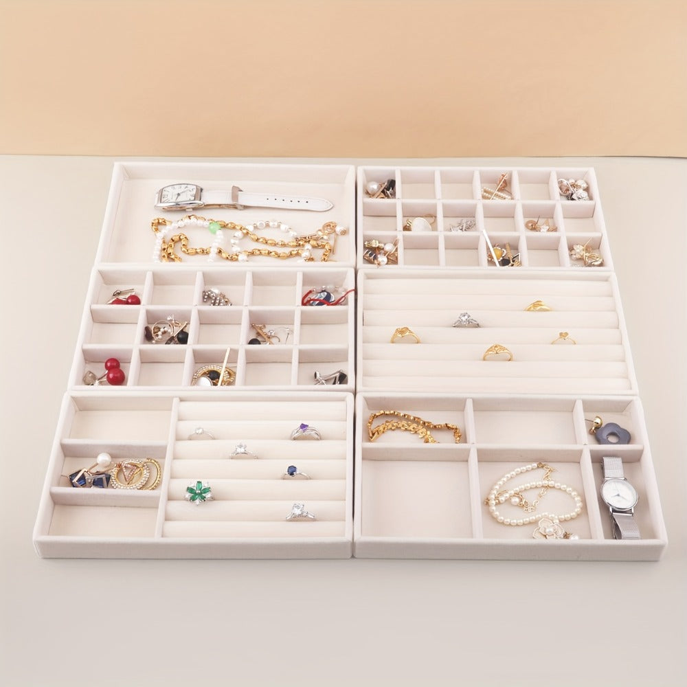 Stackable Jewelry Organizer Trays 6-Piece Set – Rectangular Multi-Compartment Drawer Inserts with Removable Dividers for Earrings, Rings, Necklaces & Bracelets – Tabletop Jewelry Display Case Storage